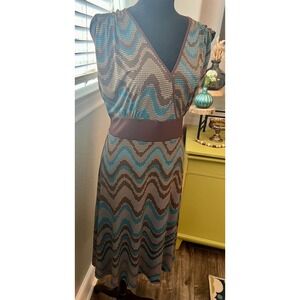 Hypnotik 70s inspired brown turquoise zig zag patterned midi sleeveless dress.XL